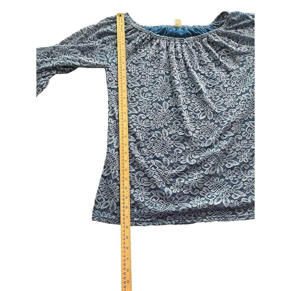 Lildy Women Sz XL Full Lace Tunic Blue Floral 3/4 Bell Sleeve Lined Blouse boho - Picture 3 of 7